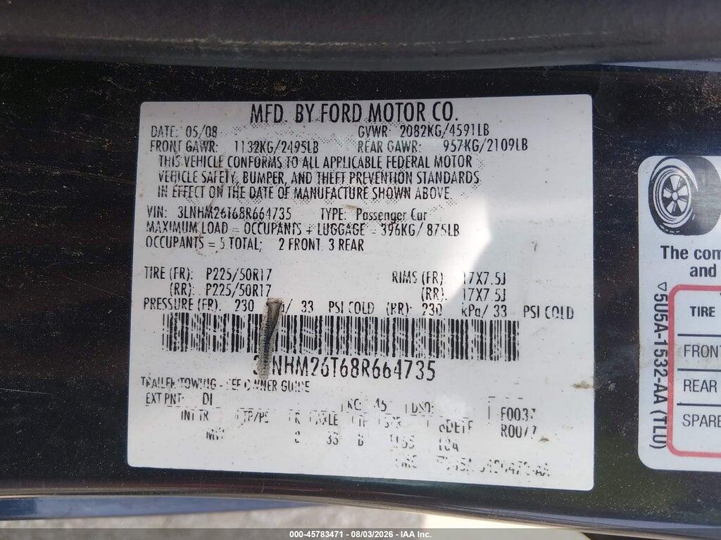 3LNHM26T68R664735 2008 LINCOLN MKZ photo no. 9