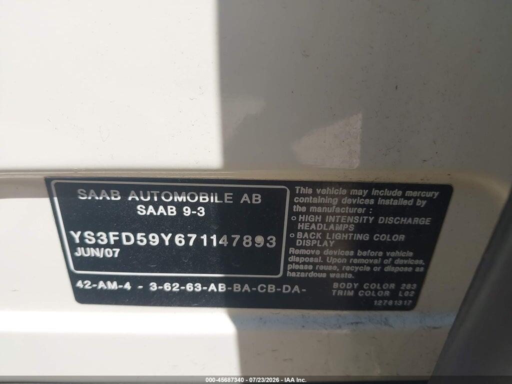 YS3FD59Y671147893 2007 SAAB 9-3 photo no. 9
