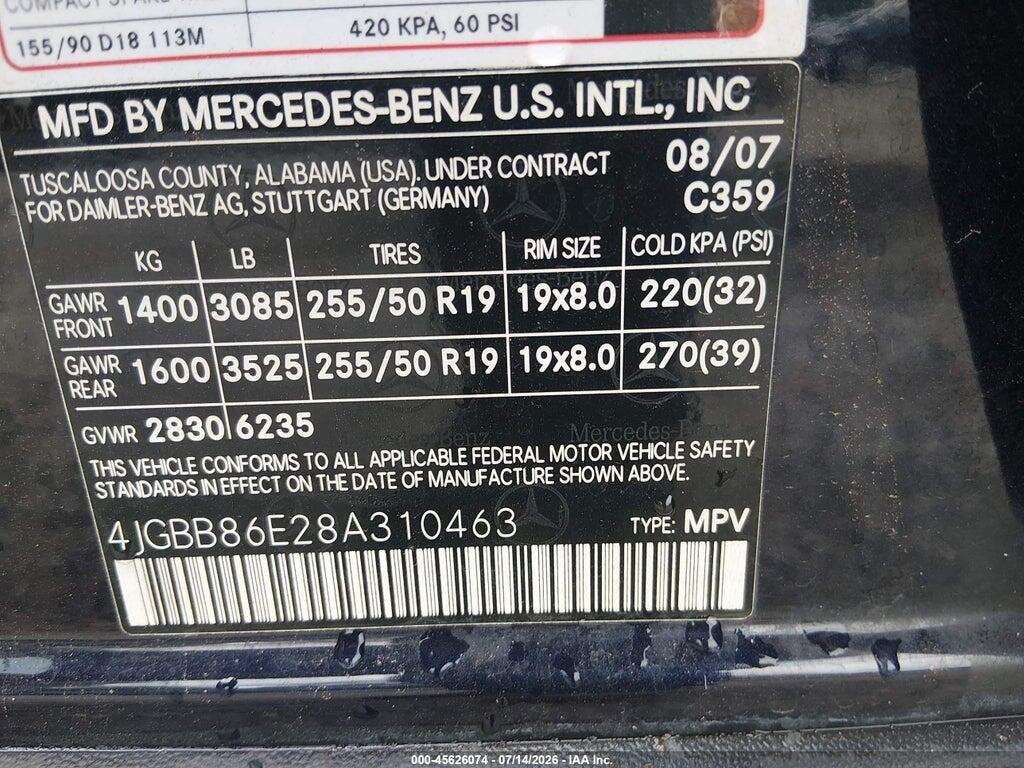 4JGBB86E28A310463 2008 MERCEDES-BENZ M-CLASS photo no. 9