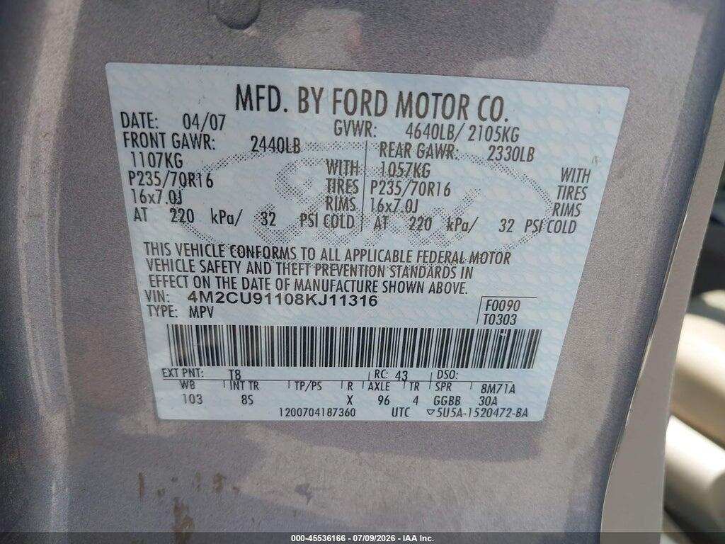 4M2CU91108KJ11316 2008 MERCURY MARINER photo no. 9