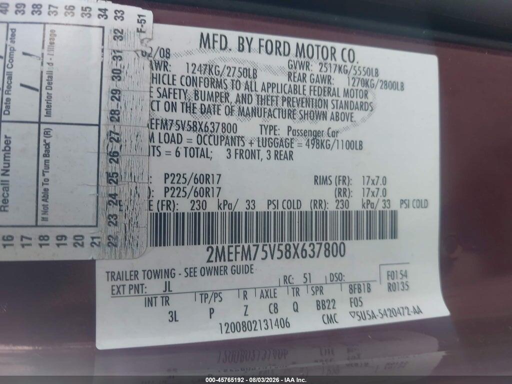 2MEFM75V58X637800 2008 MERCURY GRAND MARQUIS photo no. 9