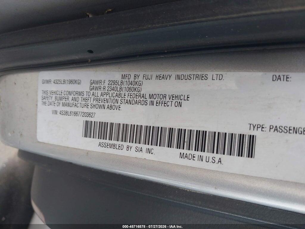 4S3BL616677203627 2007 SUBARU LEGACY photo no. 9