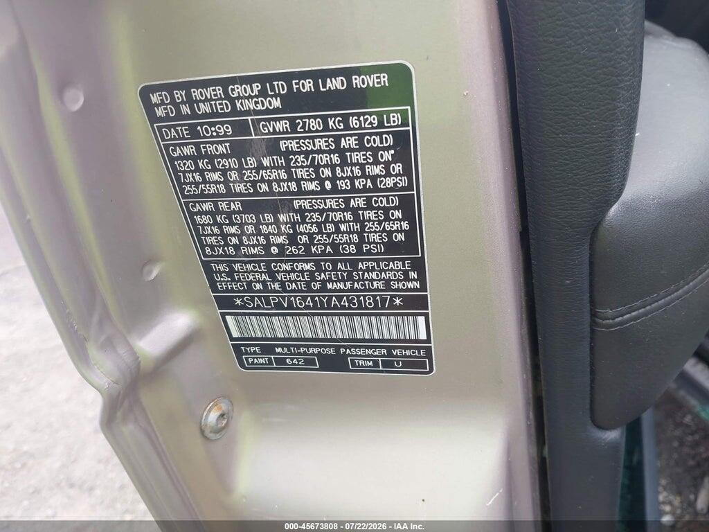SALPV1641YA431817 2000 LAND ROVER RANGE ROVER photo no. 9