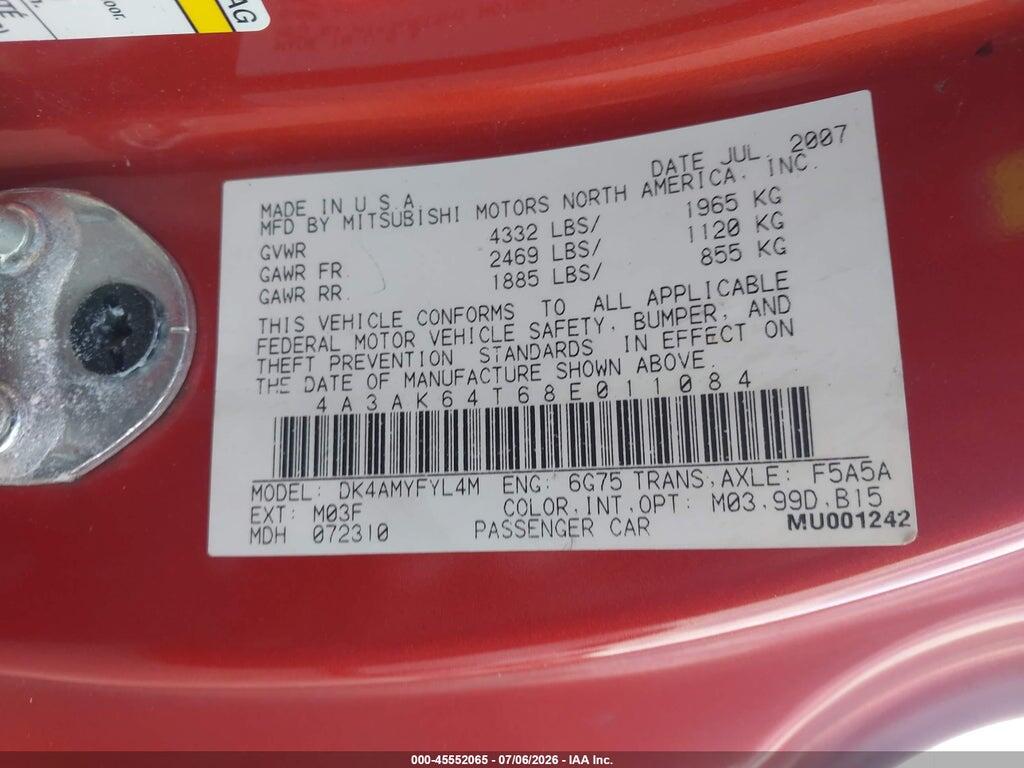 4A3AK64T68E011084 2008 MITSUBISHI ECLIPSE photo no. 9