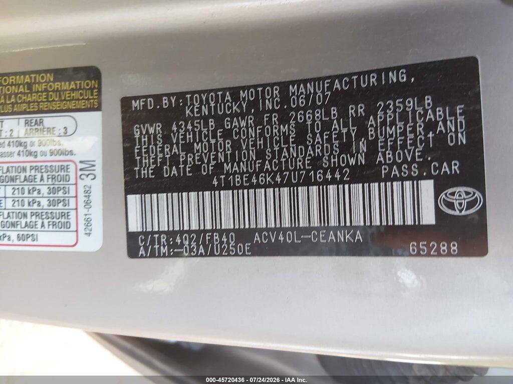 4T1BE46K47U716442 2007 TOYOTA CAMRY photo no. 9