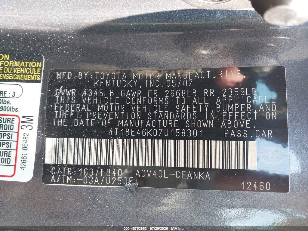 4T1BE46K07U158301 2007 TOYOTA CAMRY photo no. 9