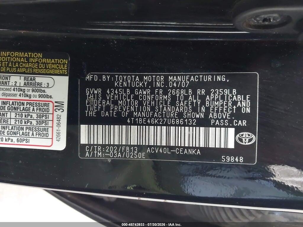 4T1BE46K27U686132 2007 TOYOTA CAMRY photo no. 9