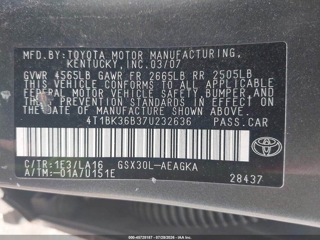 4T1BK36B37U232636 2007 TOYOTA AVALON photo no. 9