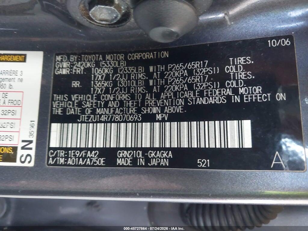 JTEZU14R778070693 2007 TOYOTA 4RUNNER photo no. 9