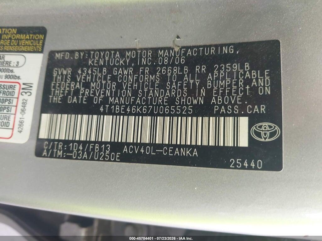4T1BE46K67U065525 2007 TOYOTA CAMRY photo no. 9
