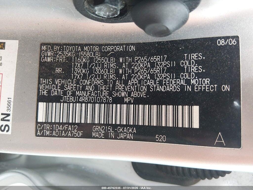 JTEBU14R870107878 2007 TOYOTA 4RUNNER photo no. 9