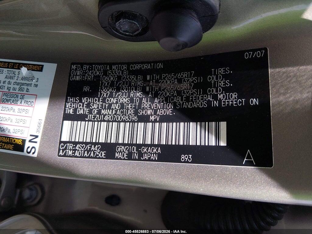 JTEZU14R070098396 2007 TOYOTA 4RUNNER photo no. 9