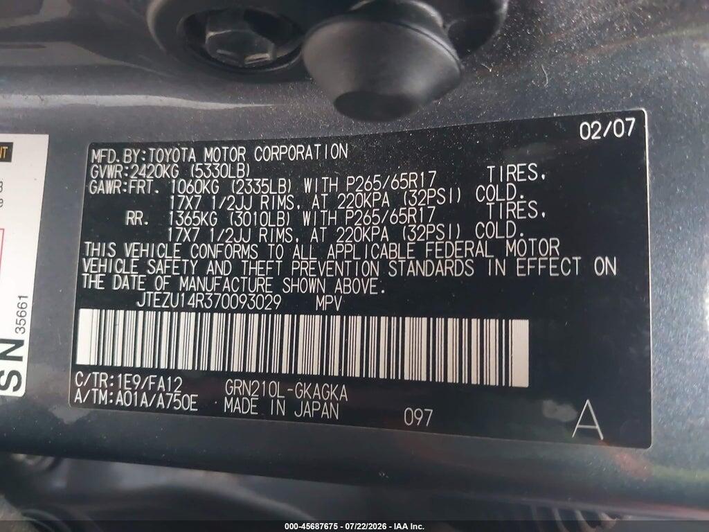 JTEZU14R370093029 2007 TOYOTA 4RUNNER photo no. 9