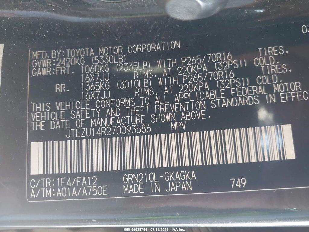 JTEZU14R270093586 2007 TOYOTA 4RUNNER photo no. 9