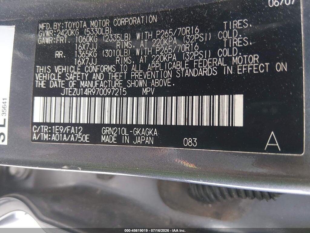 JTEZU14R970097215 2007 TOYOTA 4RUNNER photo no. 9
