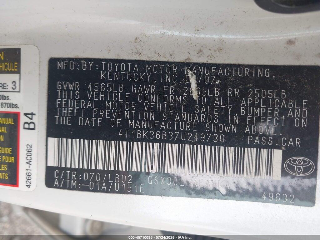 4T1BK36B37U249730 2007 TOYOTA AVALON photo no. 9