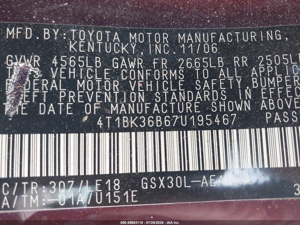 4T1BK36B67U195467 2007 TOYOTA AVALON photo no. 9