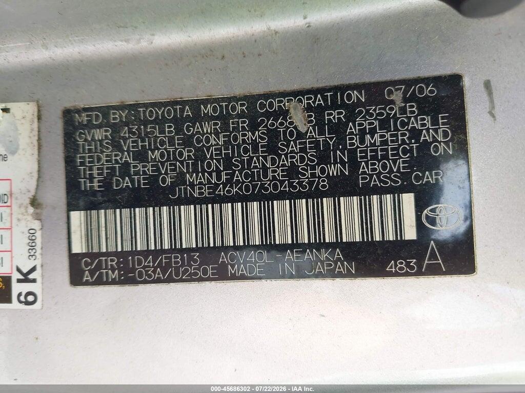 JTNBE46K073043378 2007 TOYOTA CAMRY photo no. 9