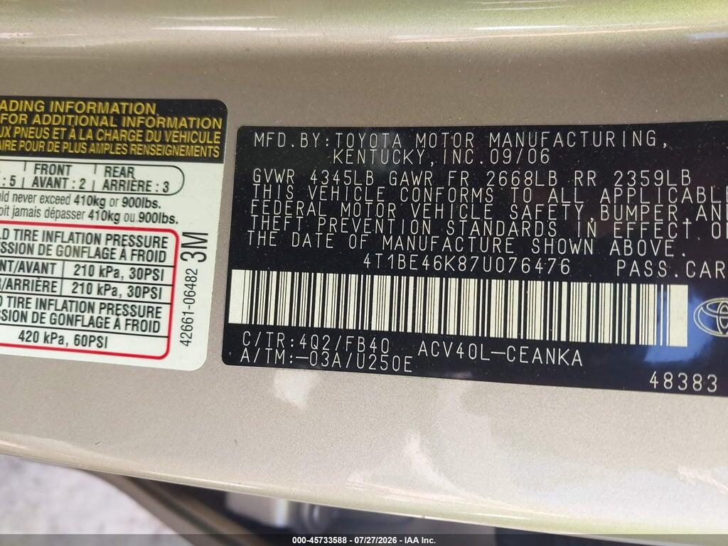 4T1BE46K87U076476 2007 TOYOTA CAMRY photo no. 9