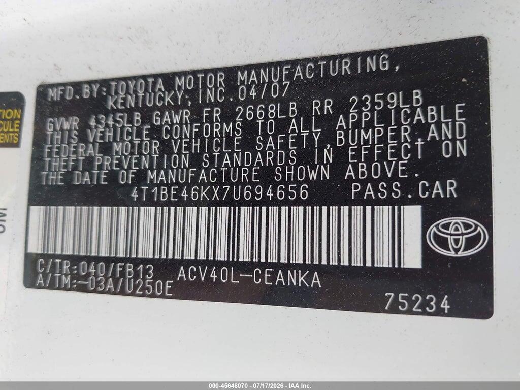4T1BE46KX7U694656 2007 TOYOTA CAMRY photo no. 9