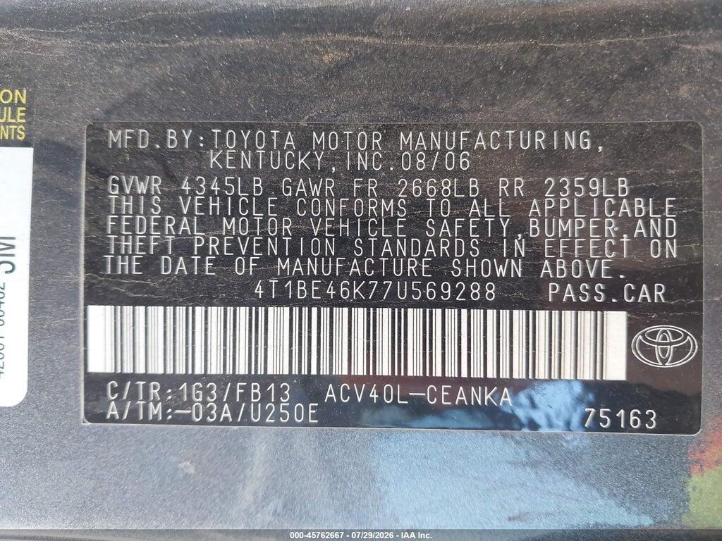 4T1BE46K77U569288 2007 TOYOTA CAMRY photo no. 9