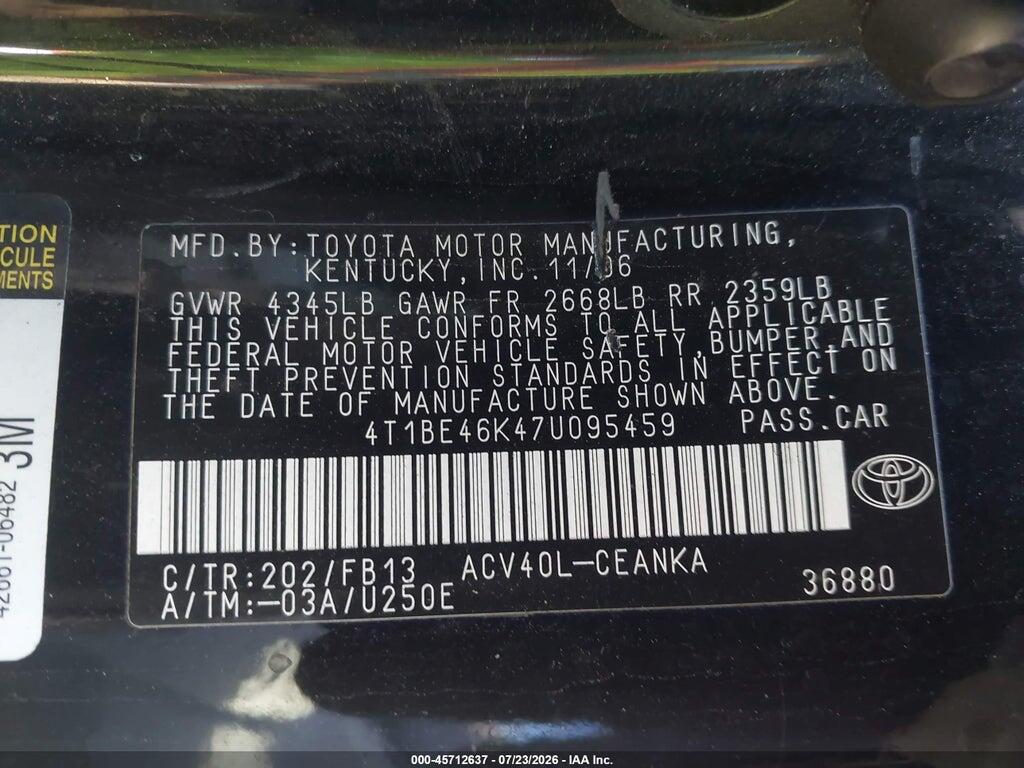 4T1BE46K47U095459 2007 TOYOTA CAMRY photo no. 9