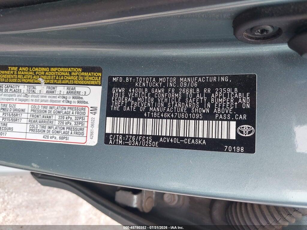 4T1BE46K47U601095 2007 TOYOTA CAMRY photo no. 9