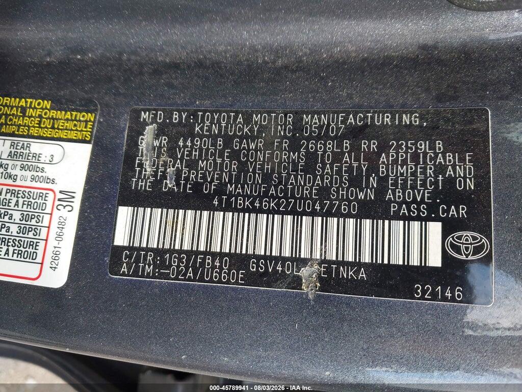 4T1BK46K27U047760 2007 TOYOTA CAMRY photo no. 9