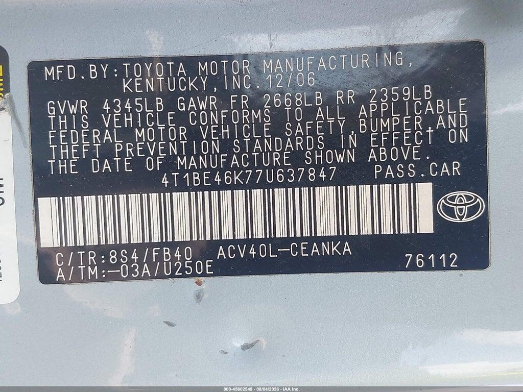 4T1BE46K77U637847 2007 TOYOTA CAMRY photo no. 9