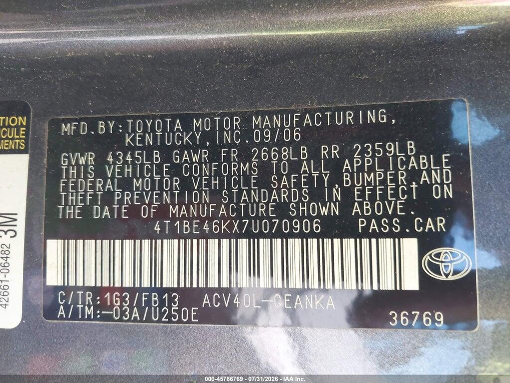 4T1BE46KX7U070906 2007 TOYOTA CAMRY photo no. 9