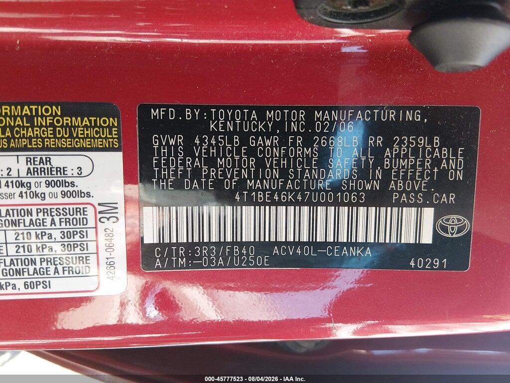 4T1BE46K47U001063 2007 TOYOTA CAMRY photo no. 9