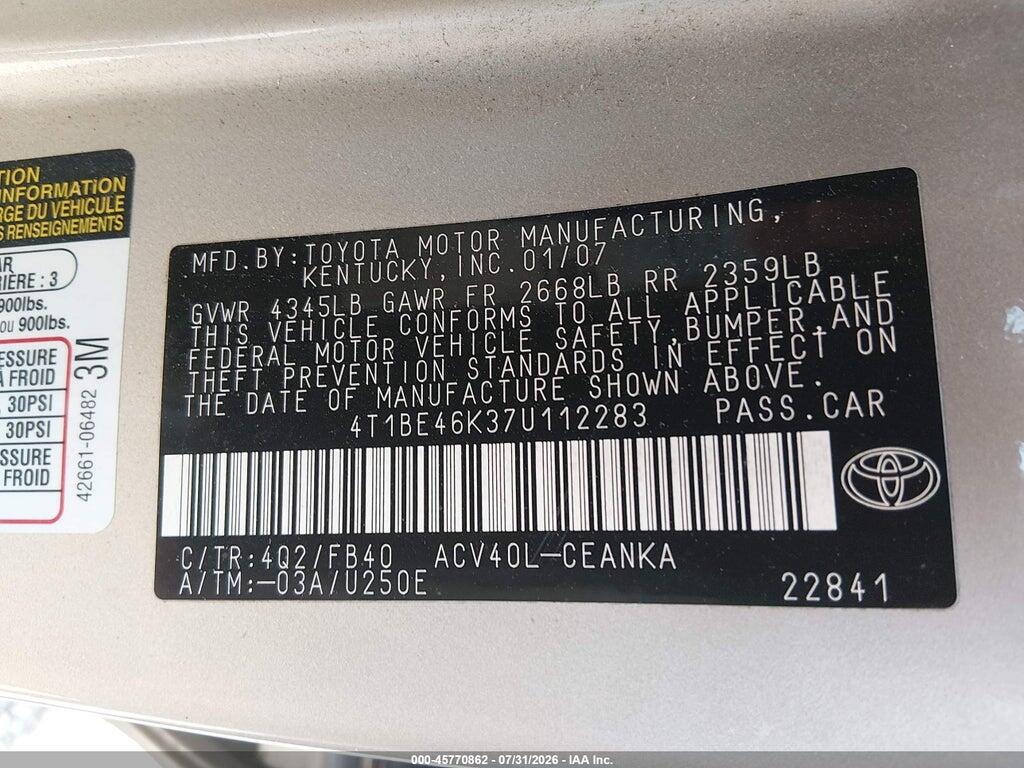 4T1BE46K37U112283 2007 TOYOTA CAMRY photo no. 9