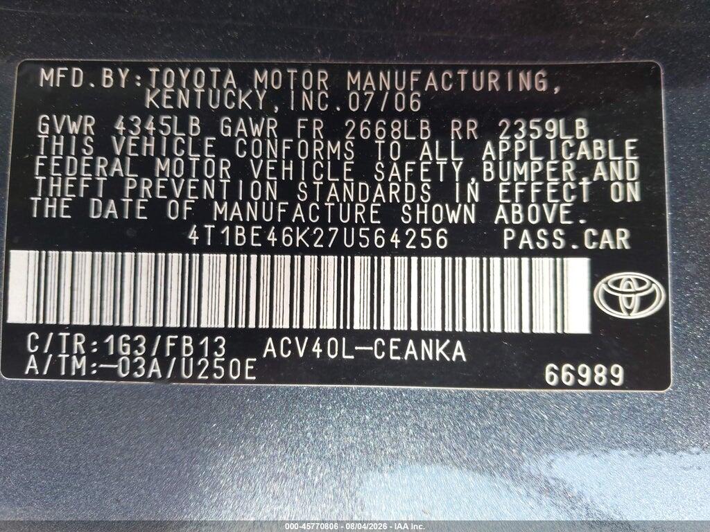 4T1BE46K27U564256 2007 TOYOTA CAMRY photo no. 9