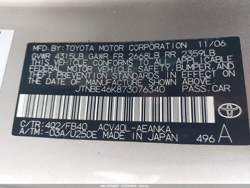 JTNBE46K873076340 2007 TOYOTA CAMRY photo no. 9