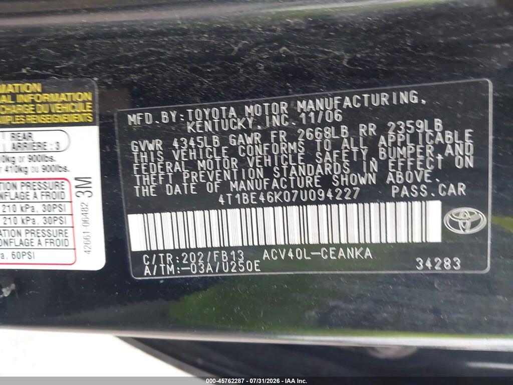 4T1BE46K07U094227 2007 TOYOTA CAMRY photo no. 9