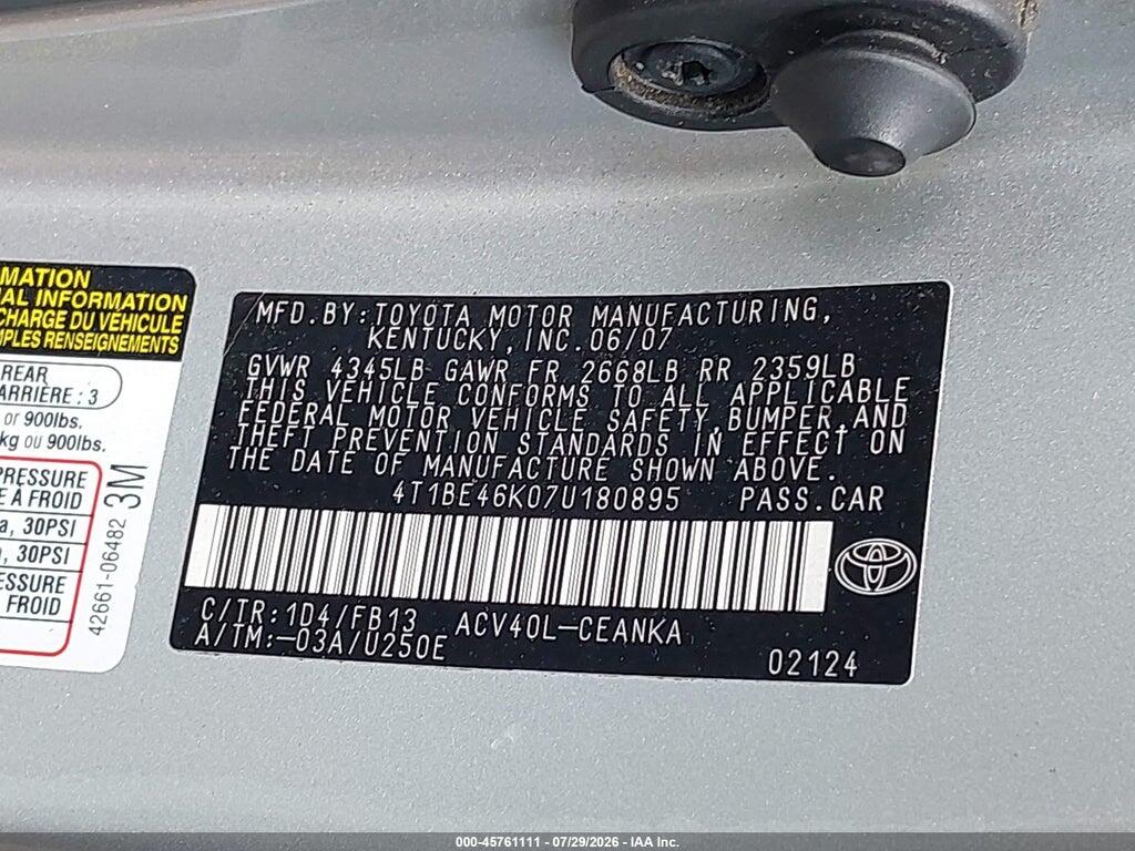 4T1BE46K07U180895 2007 TOYOTA CAMRY photo no. 9