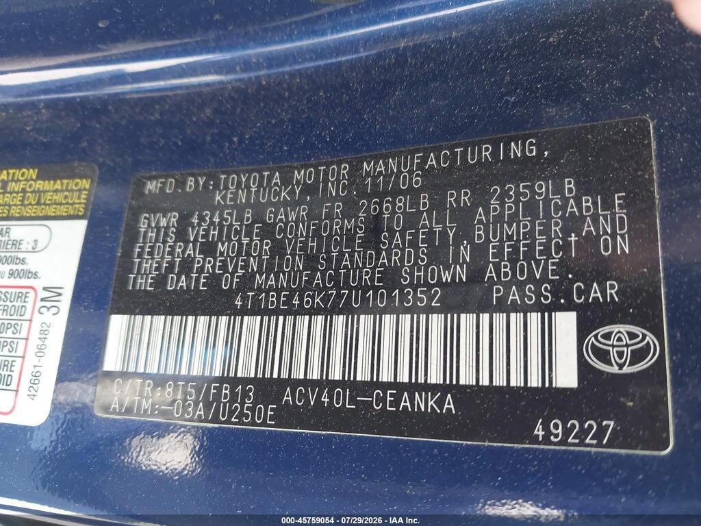 4T1BE46K77U101352 2007 TOYOTA CAMRY photo no. 9
