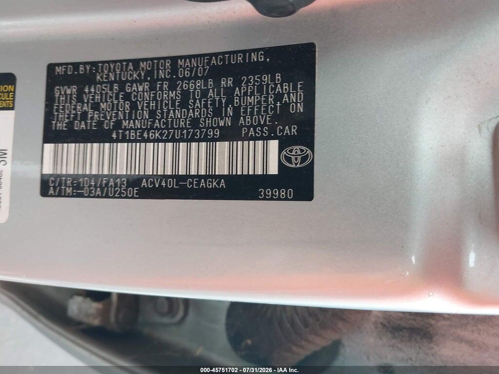 4T1BE46K27U173799 2007 TOYOTA CAMRY photo no. 9
