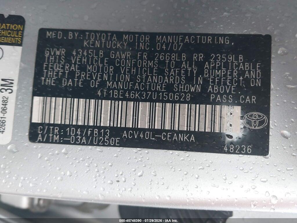 4T1BE46K37U150628 2007 TOYOTA CAMRY photo no. 9