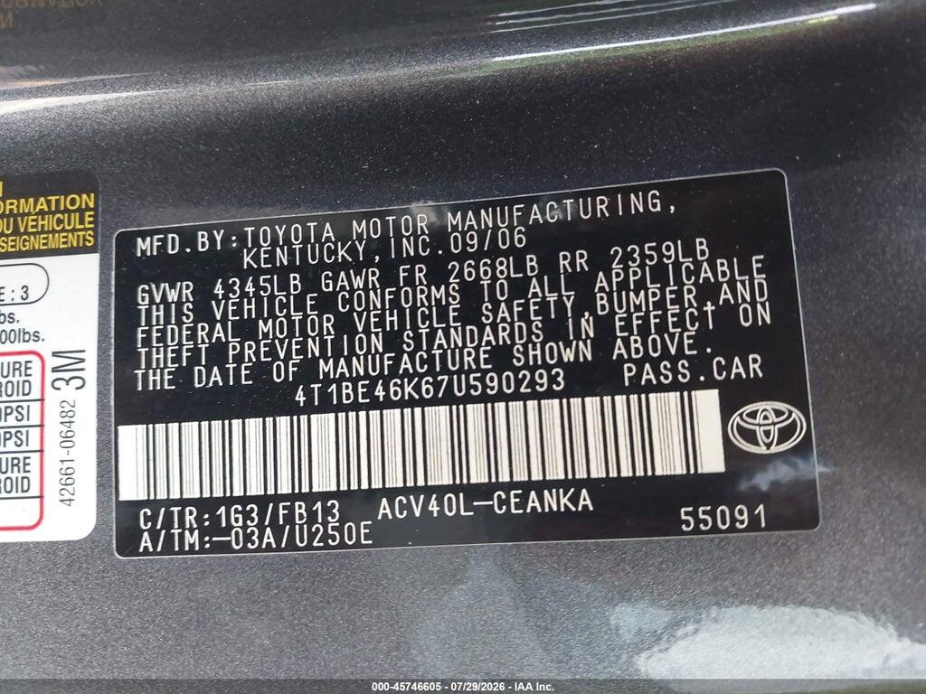 4T1BE46K67U590293 2007 TOYOTA CAMRY photo no. 9