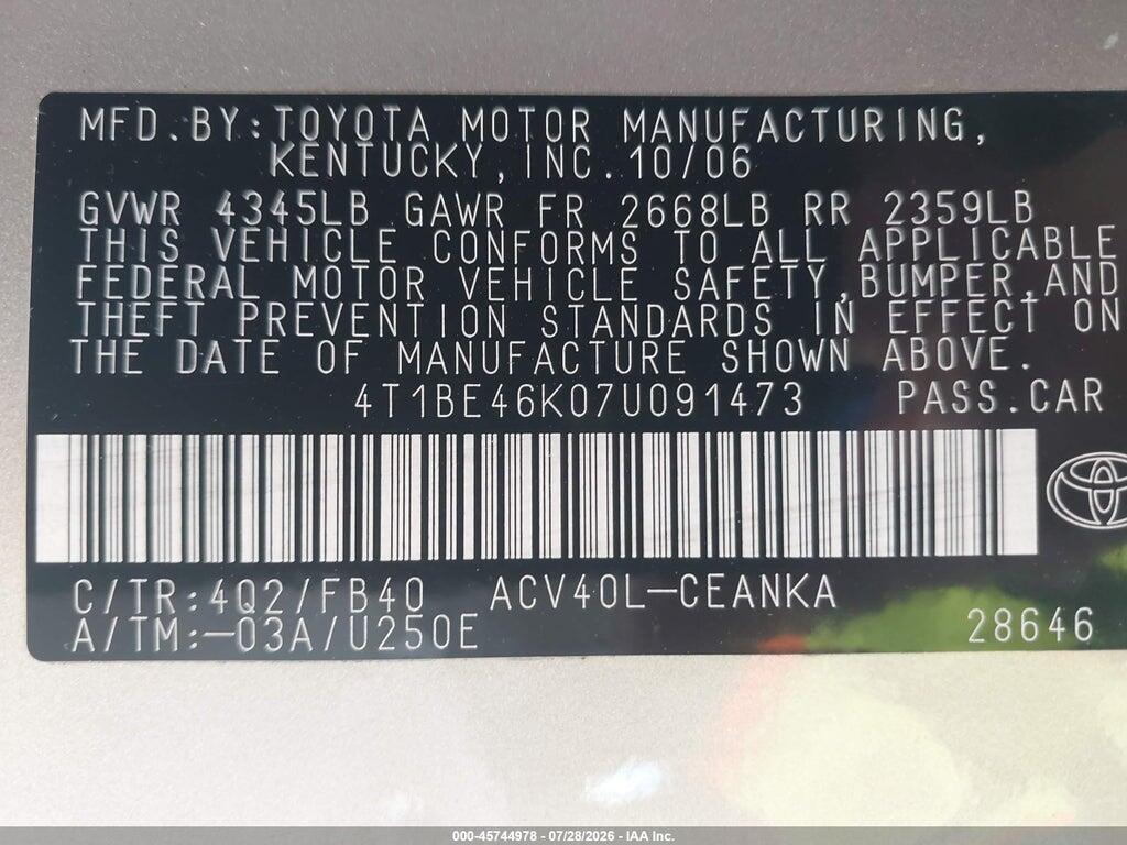 4T1BE46K07U091473 2007 TOYOTA CAMRY photo no. 9