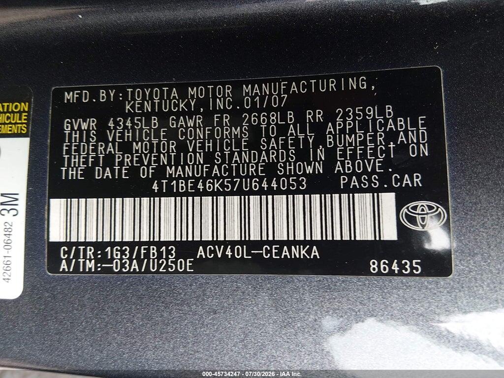 4T1BE46K57U644053 2007 TOYOTA CAMRY photo no. 9