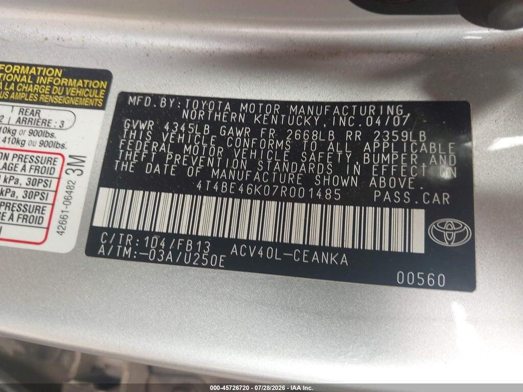 4T4BE46K07R001485 2007 TOYOTA CAMRY photo no. 9