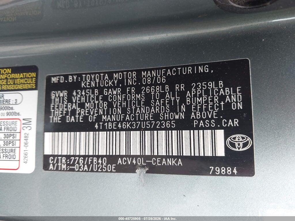 4T1BE46K37U572365 2007 TOYOTA CAMRY photo no. 9