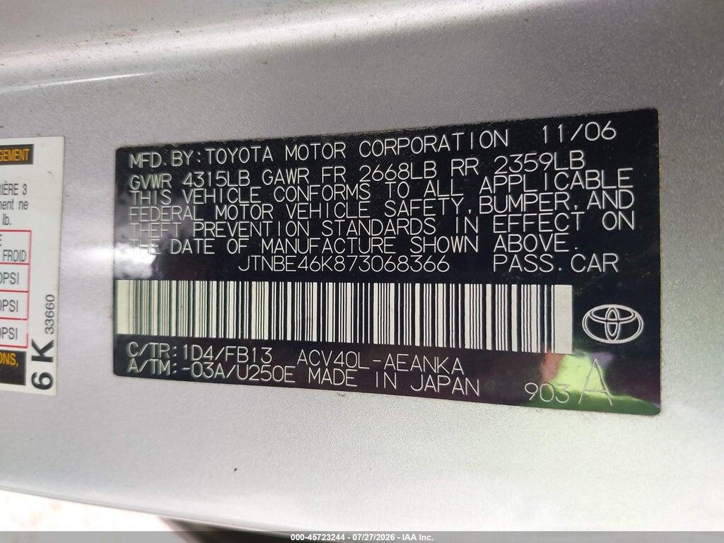 JTNBE46K873068366 2007 TOYOTA CAMRY photo no. 9