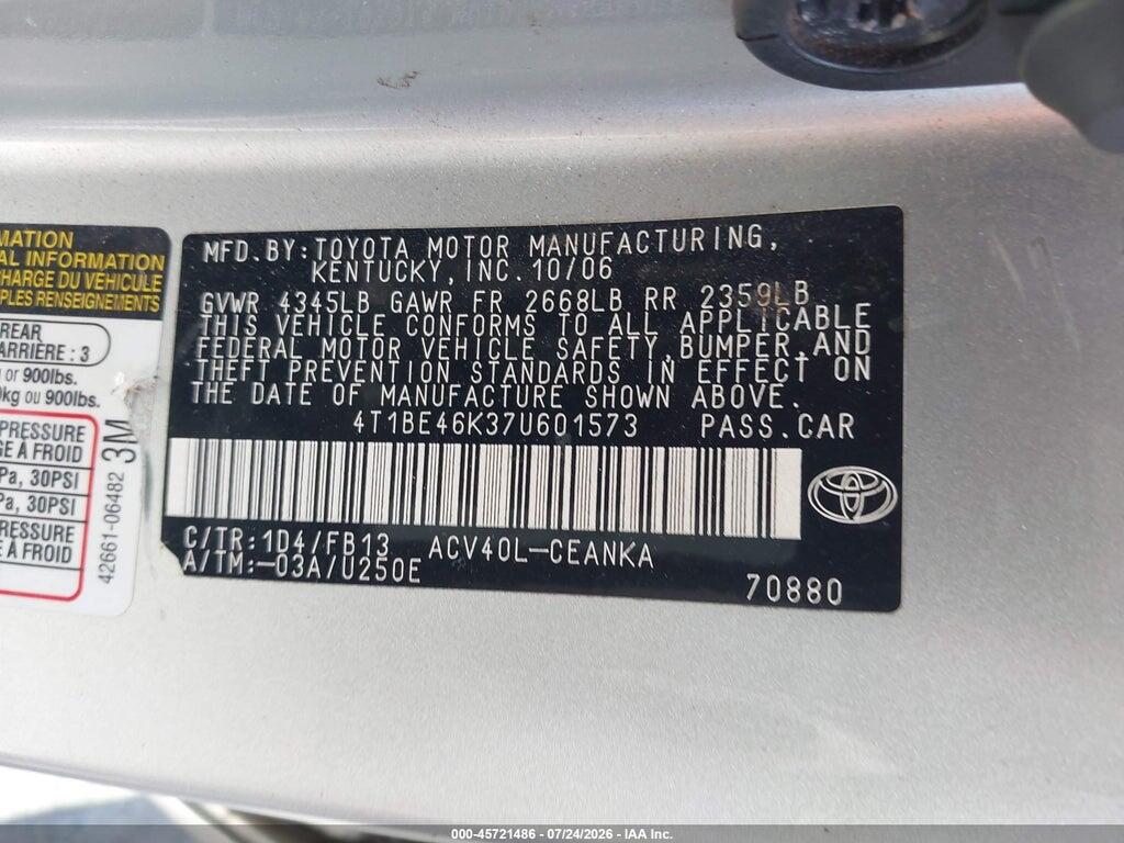 4T1BE46K37U601573 2007 TOYOTA CAMRY photo no. 9