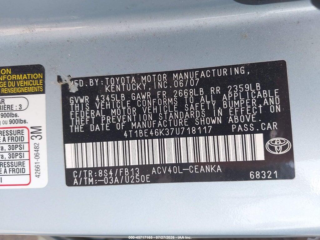 4T1BE46K37U718117 2007 TOYOTA CAMRY photo no. 9