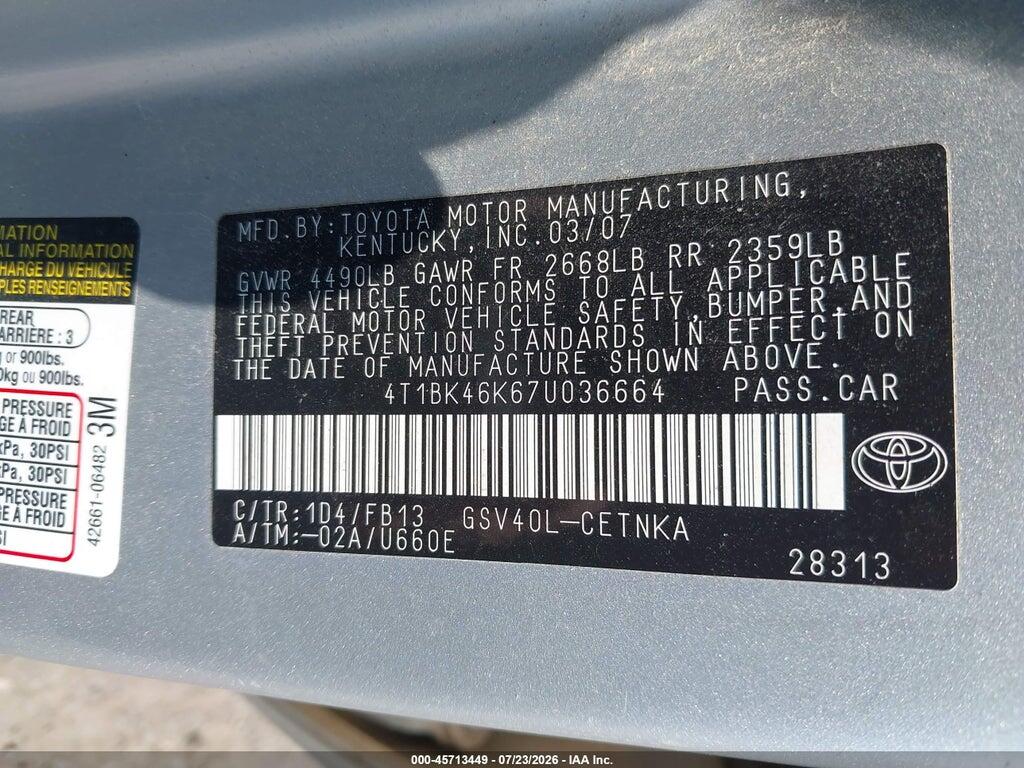 4T1BK46K67U036664 2007 TOYOTA CAMRY photo no. 9