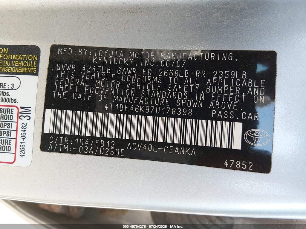 4T1BE46K97U178398 2007 TOYOTA CAMRY photo no. 9