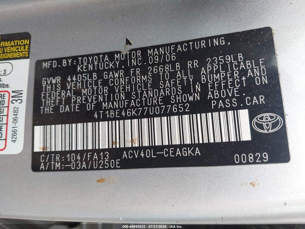 4T1BE46K77U077652 2007 TOYOTA CAMRY photo no. 9